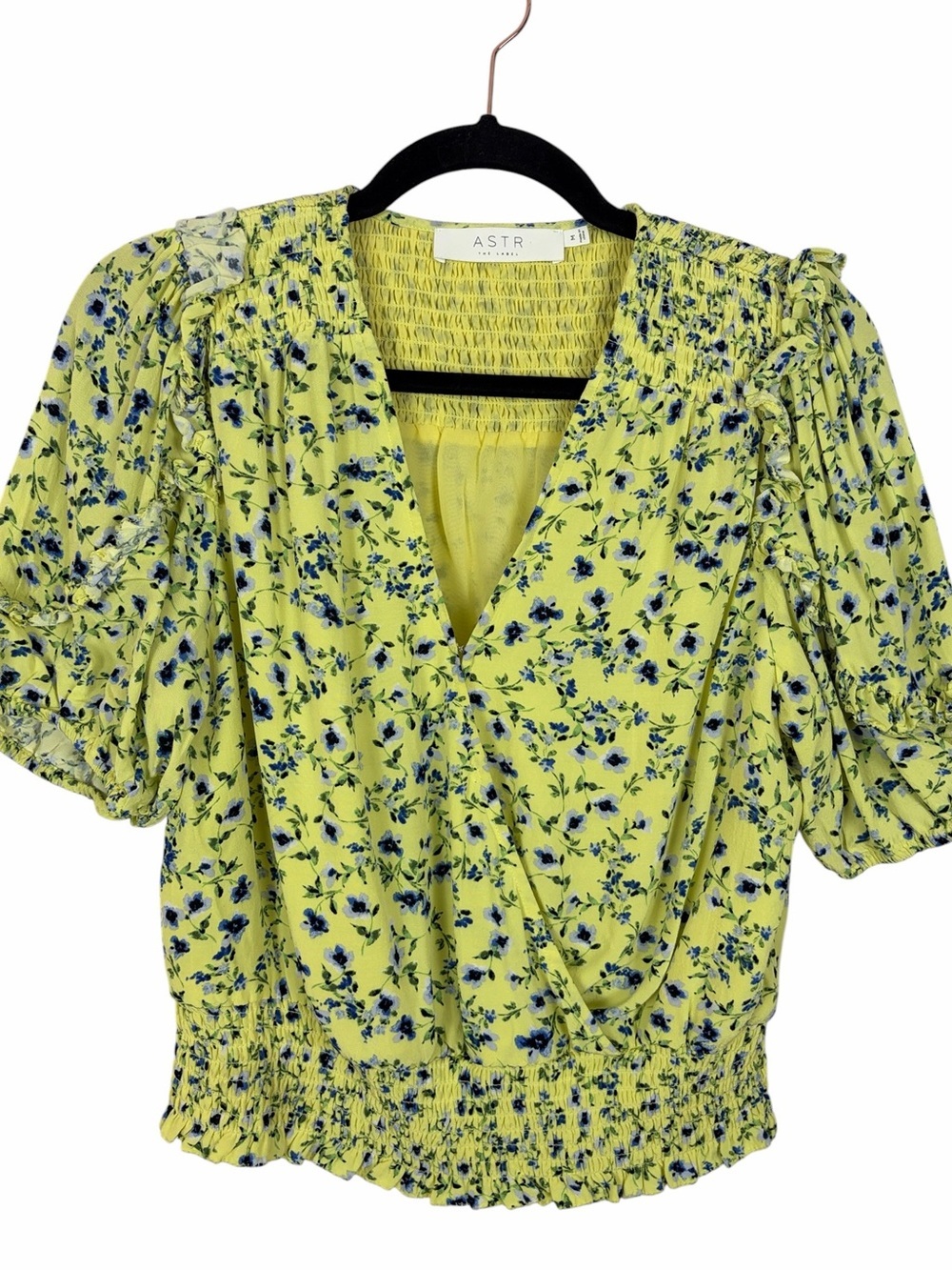 ASTR The Label Lemon Cobalt Floral Smocked Wrap Blouse Size Medium